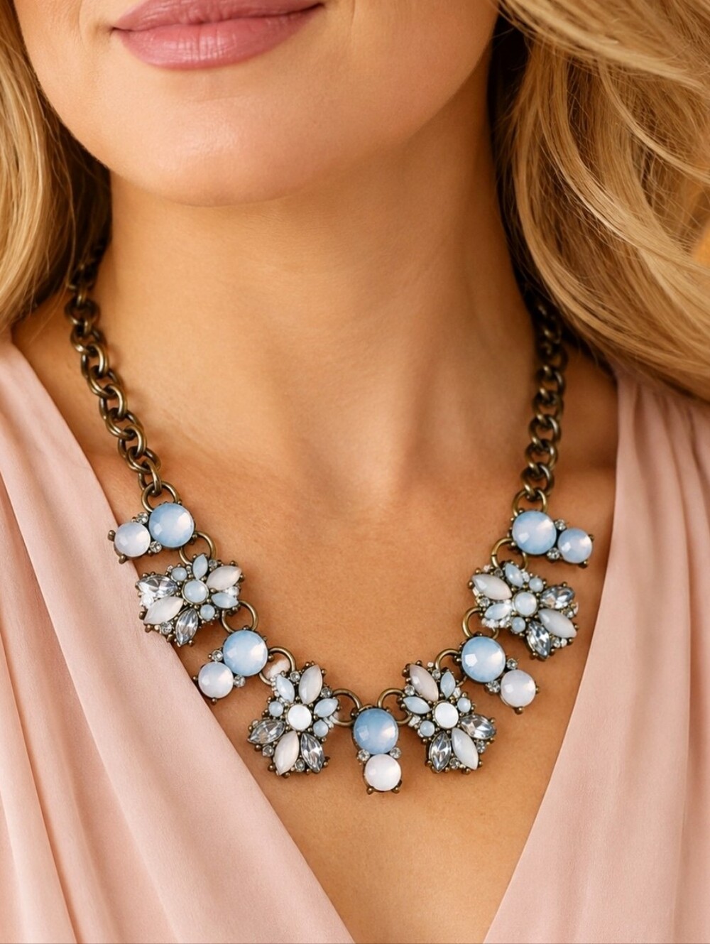 Milky Opaline Opaque Oxidized Brass Metal Setting and Chain Hazy Pink Necklace